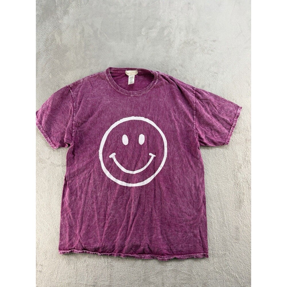 Altar'd State Smiley Face Graphic T-Shirt Purple Mineral Wash M Purple